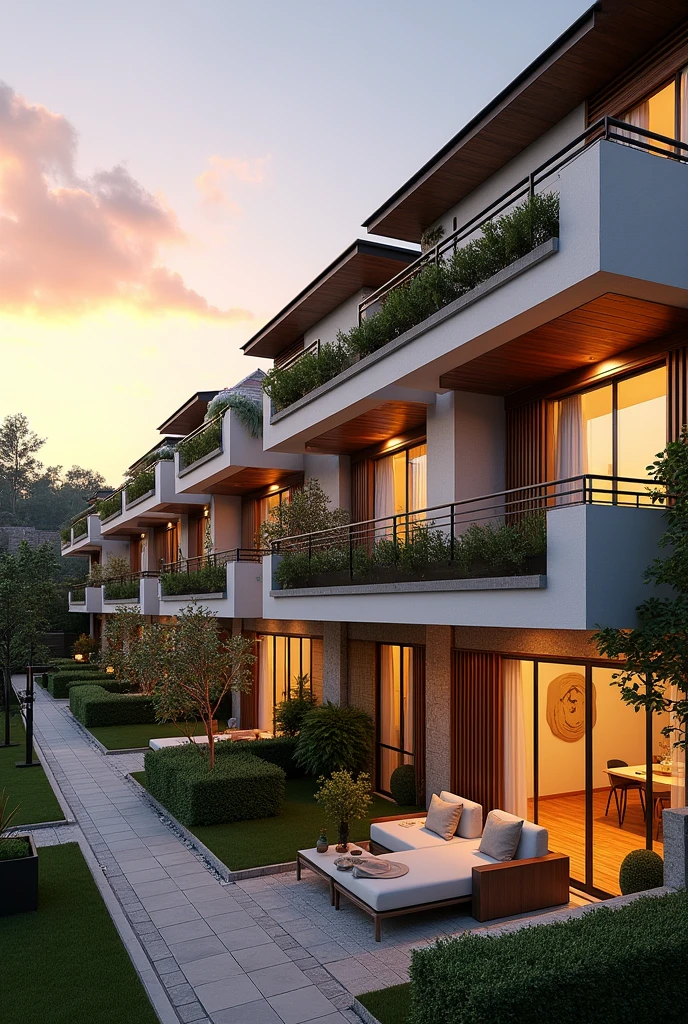 Create a simple double storey terrace structured housing by units with nice sunset view