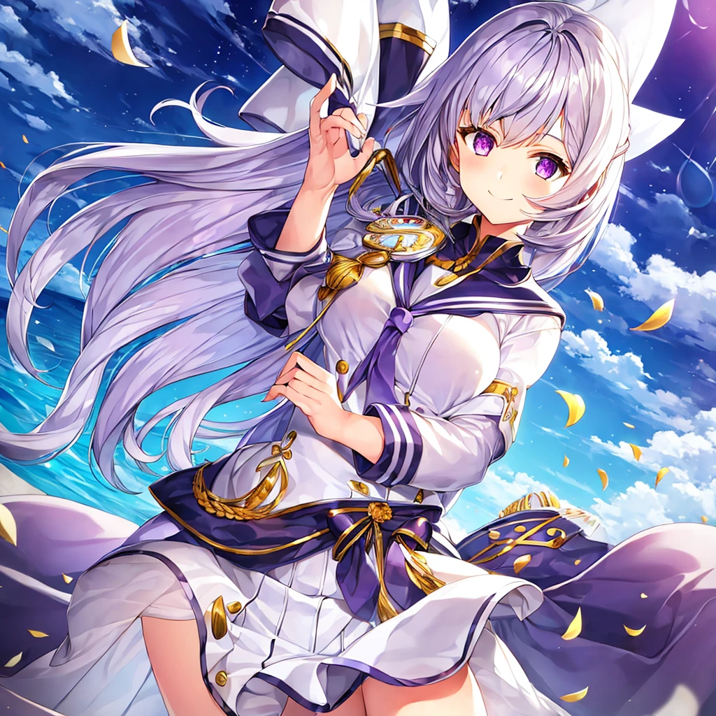 1girl,sailor uniform,long hair,silver hair,purple eye,smile,sky