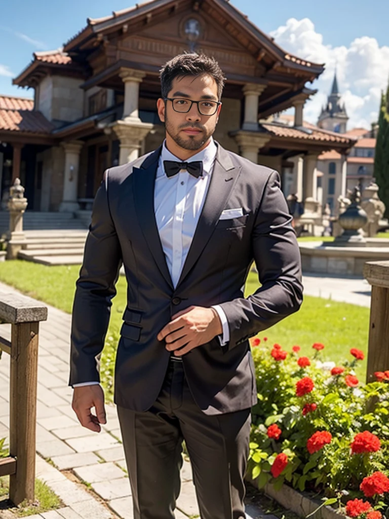 solo, crew cut, (((full body))), mature man, [slightly fat], asian man, brown eyes, rounded face, glasses, slightly balding, (((stubbles, Short beard))), (((full beard))), (Beautiful eyes:1.3), (Detailed face:1.3), man standing in front of a fencer gate, red flowers in the fence, gothic suit, only black and white, black and white photo, fog, photography, realistic, sad, an european ancient villa in the background, dark and cloudy, gray cloud, scenery, landscape,