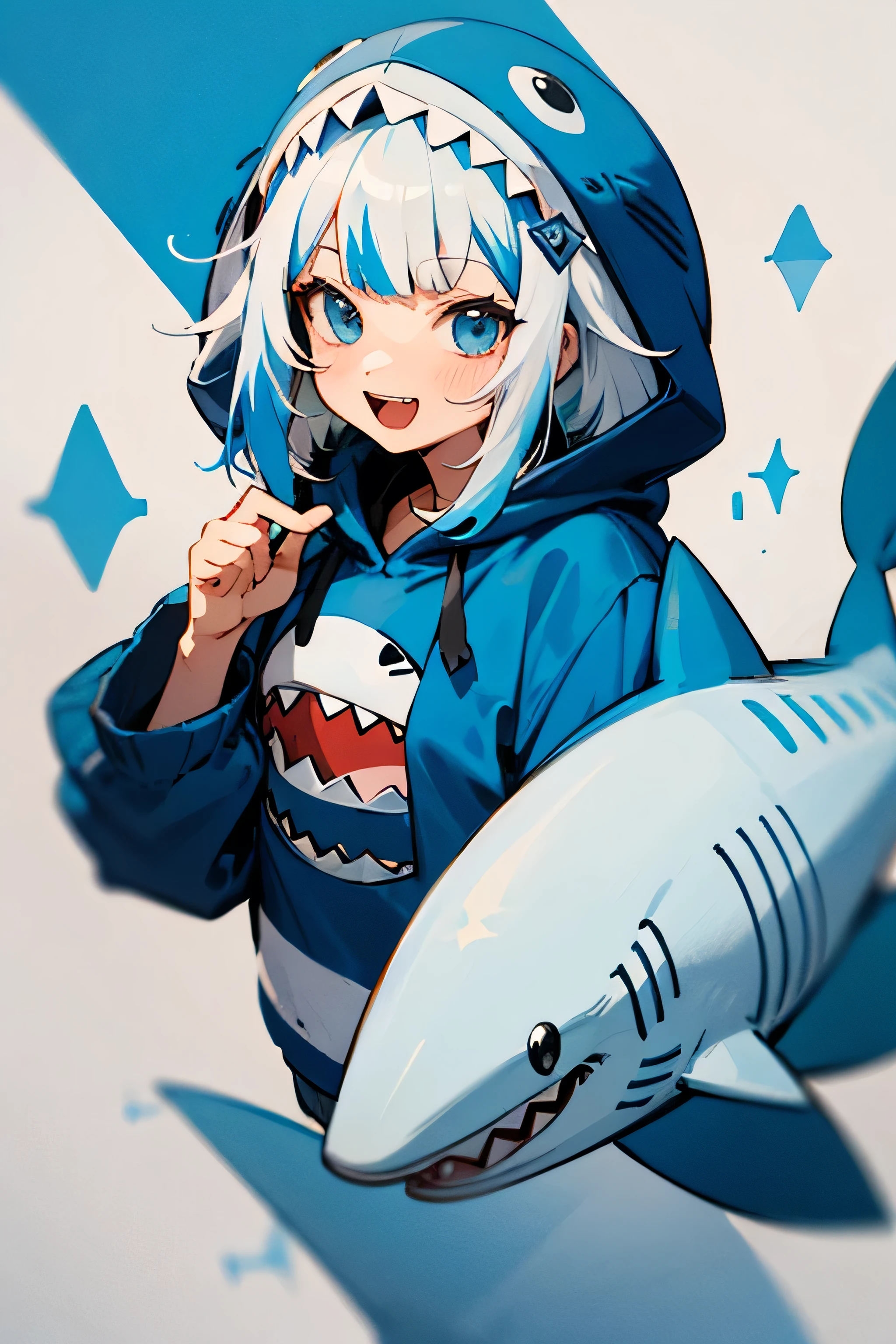 the mouth, blue colored eyes, multicolored wildly hair, white hair, hair with highlights, blue hairs, rhombus stripe, bicolor hair, medium hair, shark hair ornament, gawr gura, blue sweatshirt, cute shark hood, beautiful smiling.