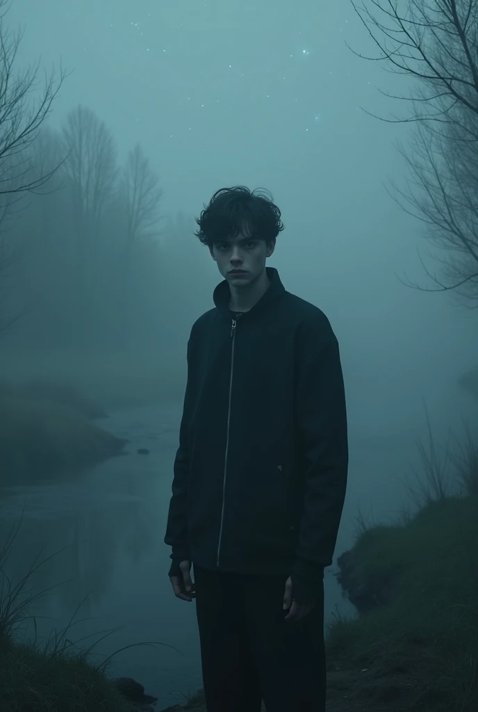 General plan, all-body, (Young attractive and handsome teenager emerging from dense fog:1.3, Strong Gothic Makeup) a city on the shores of the lake, a white birch forest and an apple orchard, A starry night, ((Matias_adolsson style!)), gloomy foggy atmosphere, Surrealism, The absurdity of tenderness, Attraction and rejection of extraordinary appearance, Naive Magical Art, primitivism, Protogen, , ((best qualityer, work of art)), ((More details)), Print:1,1, 8k