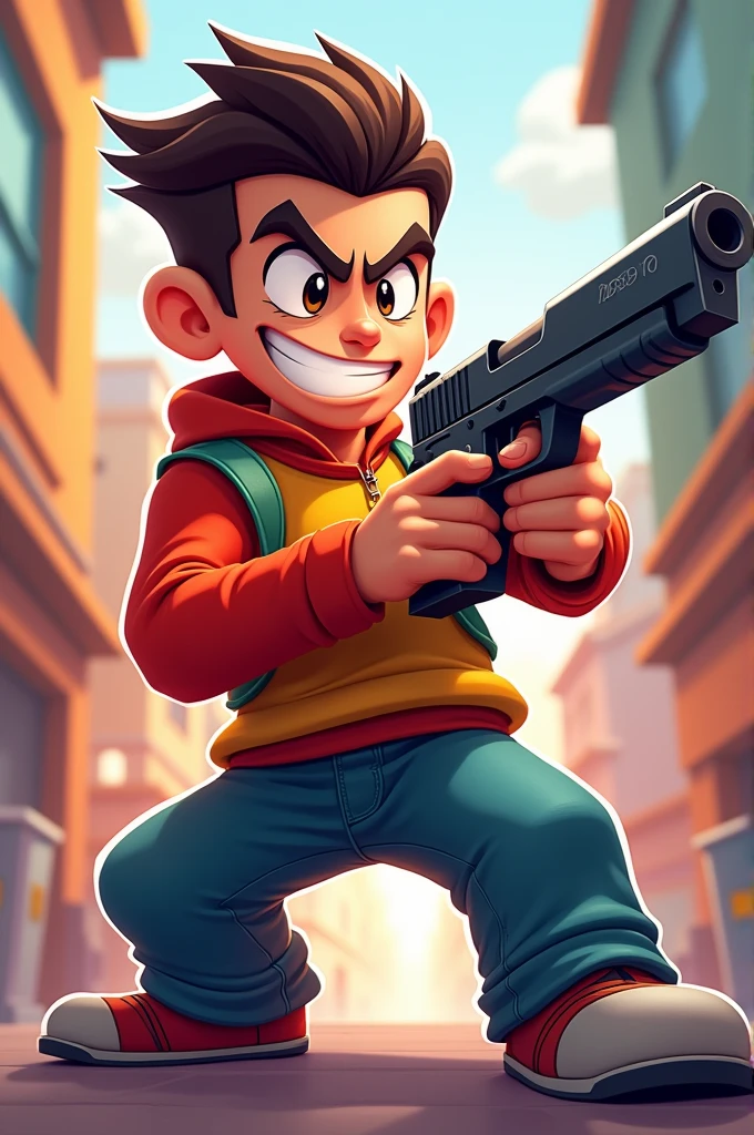 A game character with gun in hand. Cartoon graphic