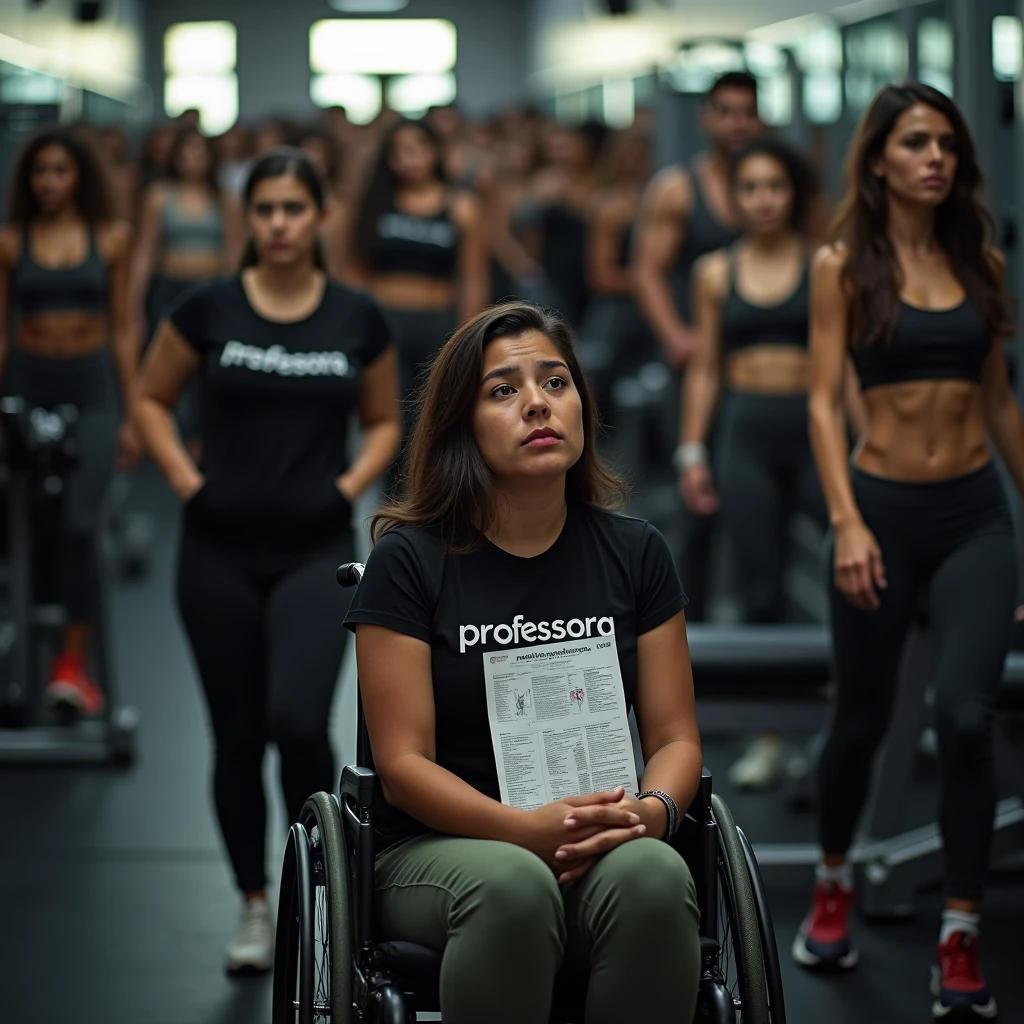 Inside a bustling and overcrowded gym predominantly filled with women, the scene is saturated with activity, as high-end weight machines and state-of-the-art exercise equipment fill every corner of the background. In the foreground, captured with exceptional clarity, sits a 27-year-old Brazilian woman, with a medium-brown complexion, holding a small workout sheet, the size of a card, in her hand. She is seated in a wheelchair, her expression one of deep desolation and abandonment, her face marked by frustration and confusion as she struggles to understand the exercise instructions. Despite her visible need for assistance, she is completely unattended, a figure of sorrow lost in the sea of activity. The gym is filled to capacity, with every machine in use, creating an intense atmosphere. In the background, slightly out of focus but clearly visible, the young gym instructor—a 24-year-old Black woman wearing a fitted black t-shirt with ‘PROFESSORA’ emblazoned across her chest—is overwhelmed. She is surrounded and practically cornered by a large group of female students, all of whom are visibly frustrated and dissatisfied, their expressions clearly showing their irritation and disappointment due to the lack of attention. The instructor’s inability to help the woman in the wheelchair, overburdened as she is by the overwhelming demands of the other students, leaves the woman feeling completely neglected and alone. This emotionally charged scene is set within a weight training gym, equipped with the finest machines designed primarily for women. The image should be captured with a Canon EOS R5 camera using the renowned RF 50mm f/1.2L lens, celebrated for its sharpness and depth of field. The lighting should be enhanced with a PolarPro QuartzLine ND filter to smooth out contrasts and maintain balanced exposure, while a Tiffen Glimmerglass filter adds a subtle glow that softens the harshness, lending a warm, natural feel. The final image must evoke the intense emotions of aba
