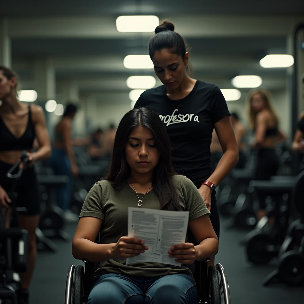 Inside a bustling and overcrowded gym predominantly filled with women, the scene is saturated with activity, as high-end weight machines and state-of-the-art exercise equipment fill every corner of the background. In the foreground, captured with exceptional clarity, sits a 27-year-old Brazilian woman, with a medium-brown complexion, holding a small workout sheet, the size of a card, in her hand. She is seated in a wheelchair, her expression one of deep desolation and abandonment, her face marked by frustration and confusion as she struggles to understand the exercise instructions. Despite her visible need for assistance, she is completely unattended, a figure of sorrow lost in the sea of activity. The gym is filled to capacity, with every machine in use, creating an intense atmosphere. In the background, slightly out of focus but clearly visible, the young gym instructor—a 24-year-old Black woman wearing a fitted black t-shirt with ‘PROFESSORA’ emblazoned across her chest—is overwhelmed. She is surrounded and practically cornered by a large group of female students, all of whom are visibly frustrated and dissatisfied, their expressions clearly showing their irritation and disappointment due to the lack of attention. The instructor’s inability to help the woman in the wheelchair, overburdened as she is by the overwhelming demands of the other students, leaves the woman feeling completely neglected and alone. This emotionally charged scene is set within a weight training gym, equipped with the finest machines designed primarily for women. The image should be captured with a Canon EOS R5 camera using the renowned RF 50mm f/1.2L lens, celebrated for its sharpness and depth of field. The lighting should be enhanced with a PolarPro QuartzLine ND filter to smooth out contrasts and maintain balanced exposure, while a Tiffen Glimmerglass filter adds a subtle glow that softens the harshness, lending a warm, natural feel. The final image must evoke the intense emotions of aba