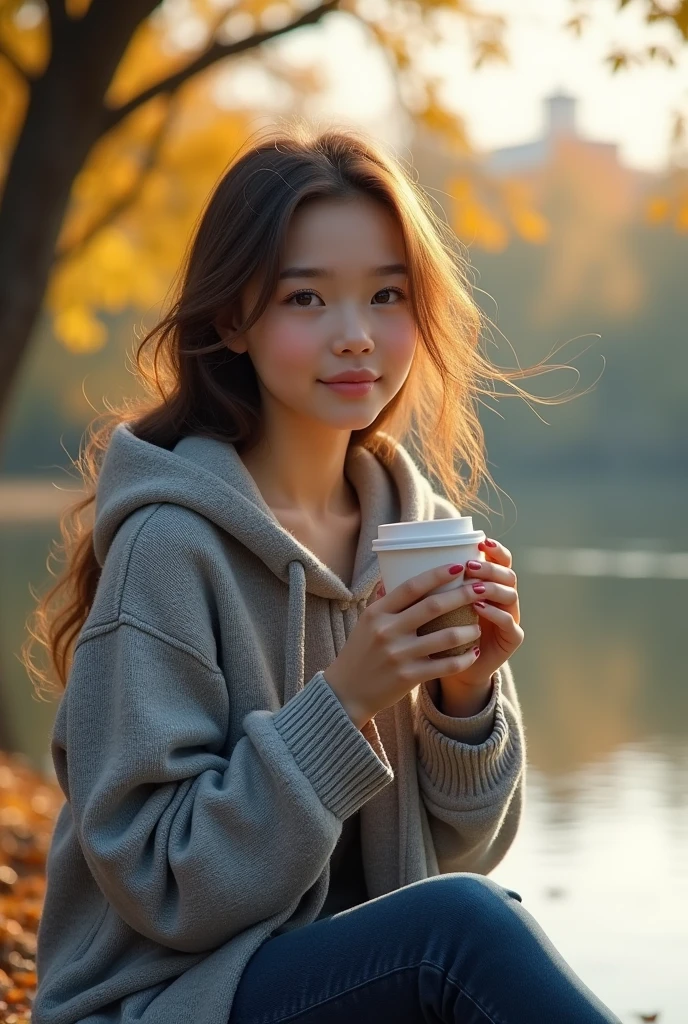 A young beautiful girl wearing a gray polka dot knitted hoodie, dark blue jeans enjoys morning coffee by the bustling city lake, with beautiful trees, birds and the effect of the wind on her clothes. Perfect details, true to life, super realistic, 200K resolution, original photo