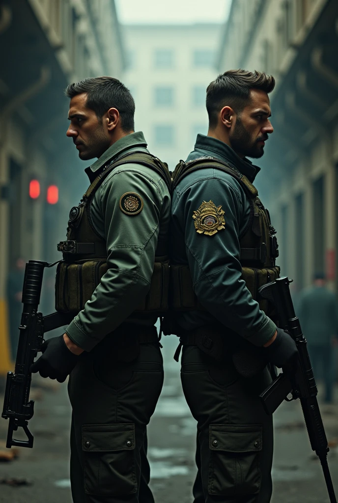 Two guys holding guns with their backs against each other with the words contractors showdown above it