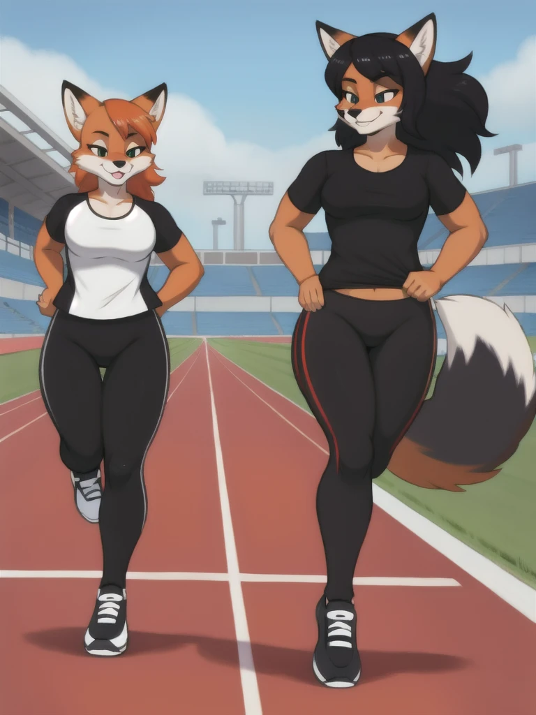 Furry, fox, female, black shirt, black leggings, shoes, running track, friends, full body