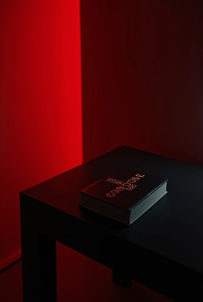 a black table with a closed book on top, showing only the cover of the book written in the title course 7 and in a room with low red lighting