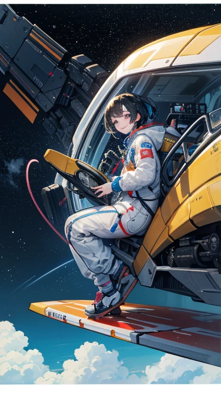 (((masterpiece))), (((Highest quality))), ((Very detailed)), (Highly detailed CG illustrations), ((Very delicate and beautiful)),(From the side),Cinematic Light,A girl climbs into the cockpit、Black Hair、long、Boarding a small spaceship,In the cockpit,Starry Sky, Big Clouds,colored glaze,Golden Universe,Space Station、Preparing for takeoff、Spacesuit、Aiming for Andromeda、Toa Heavy Industries decals、Lonely smile,A cable connects the body to a small spacecraft、Close the hatch,Complex Instrumentation