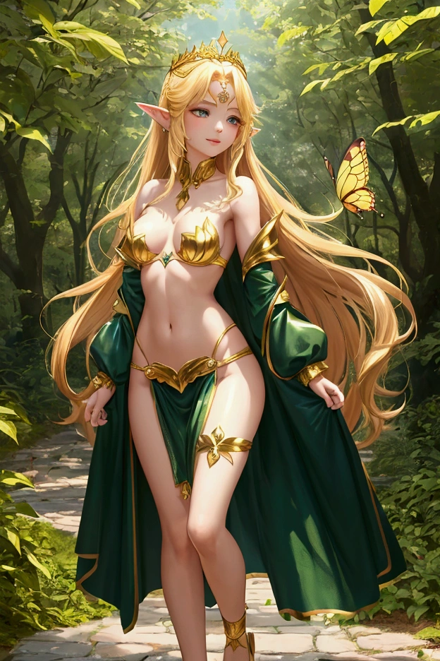 fairy 1feminine girl, with long golden hair, in her hair she wears a golden crown with diamonds that shine and sparkle, slanted violet eyes, she has pointed ears, golden lips, she smiles tenderly, slim body, normal breasts, shapely legs, she has beautiful long wings of a butterfly that extends to her feet on her back, she wears armor made of gold and green leaves, she wears a leather bra on her breasts, she wears a leather belt, a small leather pouch on her belt, ((shot from down towards his chest focused on his face)), his feet are wearing sandals, he is floating as if he were flying from the front, his arms are extended to each side of his body, he is floating between the leaves of the trees where there is vegetation, scene complete, body, full body can be seen far away to her feet, you look at the surroundings, the background is bright, it is 4 in the afternoon ((anatomically correct)), 8k, perfect skin, masterpiece, hyper detailed, ultra-realistic, professional lighting