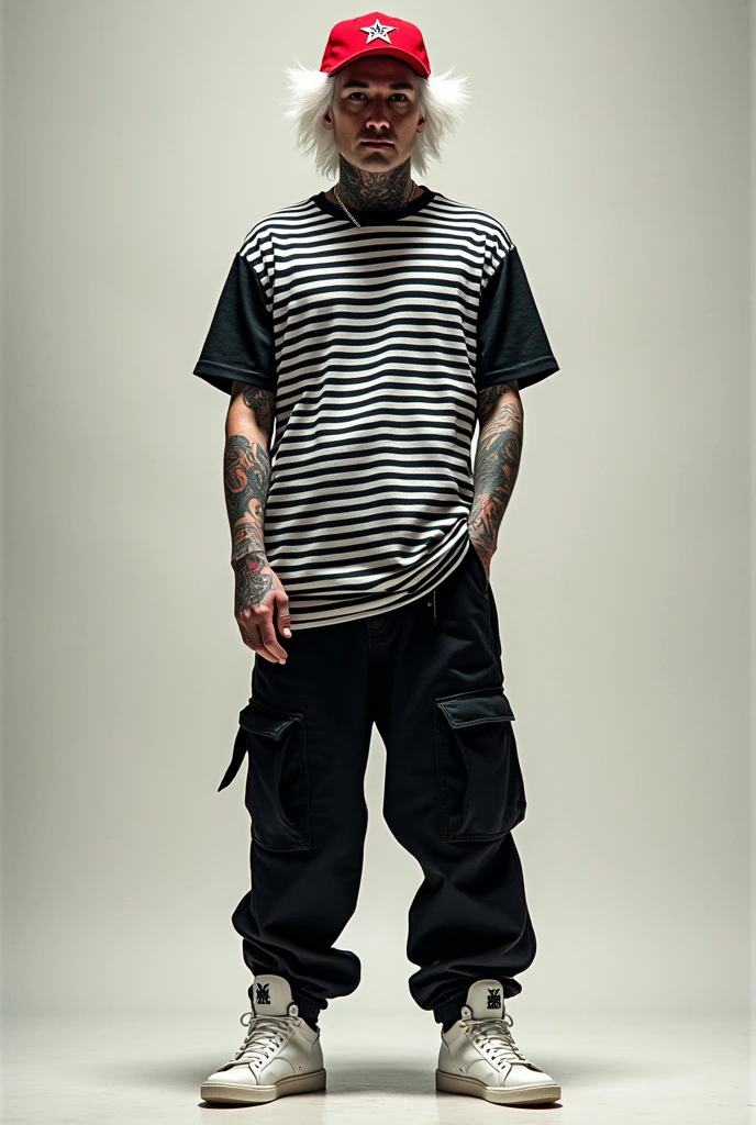 Man with white hair and a black white striped t-shirt and black white striped pants with a red cap and tattoos and white shoes