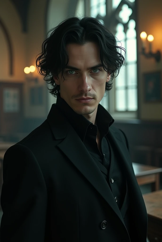 Man, wavy black hair, white complexion, cold and captivating gaze, green eyes, hard and attractive features, inside the position classroom at Hogwarts. Dressed in an elegant black suit, he exudes an air of power and mystery.