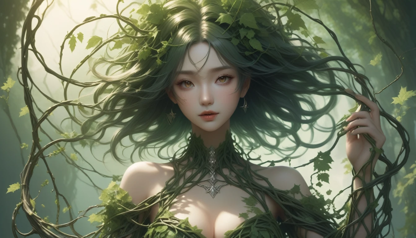 A magical girl whose body is made of vines, Plant Witch,Queen of the Vine,witch of thorns,Girl woven from vines'body,Vines woven into clothing,(Licorice close-up:1.5),The flowers on the opposite bank are fascinating.,Mysterious Manju Saka,Bloody Ghost Flowers blooming at the gate of hell,Guide the soul to the afterlife,Wicked Charm,Frivolous,wonderful,魔女ウォムロイIron flower,Weaving alloy tendrils into a magical girl,Crazy vines tangled in a complex web,魔法少女は頭にIron flowerを乗せている,Heavy Metal Style,Metal Art,flower made of iron,iron leaf,perfect metallic luster,post industrial era metal texture,Crafts made from twisted alloy wire,Gold flower,Iron flower,Silver Flower,Metal tree branch,Crystal Pendant,Emerald Inlay,Carefully made,Perfect craftsmanship,Magic lightning background,Blue Lightning,There are fairies,Dark fantasy art, Dark Flower Shaman, Dark fantasy concept art, Bloodborne concept art, Dark concept art, Bloody Ghost Flower, Diablo digital concept art, dark fantasy art style, Dark flowers, 🌺 computer graphics association, Bloodborne Art, masterpiece,Art Station,Surreal Realism,Plant Witch,Queen of the Vine,witch of thorns,photorealistic Dark concept art, concept film, ruben tan,A painting of a woman weaving vines standing in front of the devil, Goddess of Death, author:hero, 美しいGoddess of Death, A beautiful and elegant demon queen, Dark fantasy art, Portrait of Death, The Detailed Art of the Onmyoji, Persephone as the Goddess of Death, Beautiful Necromancer, an ominous fantasy illustration