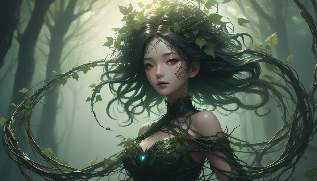 A magical girl whose body is made of vines, Plant Witch,Queen of the Vine,witch of thorns,Girl woven from vines'body,Vines woven into clothing,(Licorice close-up:1.5),The flowers on the opposite bank are fascinating.,Mysterious Manju Saka,Bloody Ghost Flowers blooming at the gate of hell,Guide the soul to the afterlife,Wicked Charm,Frivolous,wonderful,魔女ウォムロイIron flower,Weaving alloy tendrils into a magical girl,Crazy vines tangled in a complex web,魔法少女は頭にIron flowerを乗せている,Heavy Metal Style,Metal Art,flower made of iron,iron leaf,perfect metallic luster,post industrial era metal texture,Crafts made from twisted alloy wire,Gold flower,Iron flower,Silver Flower,Metal tree branch,Crystal Pendant,Emerald Inlay,Carefully made,Perfect craftsmanship,Magic lightning background,Blue Lightning,There are fairies,Dark fantasy art, Dark Flower Shaman, Dark fantasy concept art, Bloodborne concept art, Dark concept art, Bloody Ghost Flower, Diablo digital concept art, dark fantasy art style, Dark flowers, 🌺 computer graphics association, Bloodborne Art, masterpiece,Art Station,Surreal Realism,Plant Witch,Queen of the Vine,witch of thorns,photorealistic Dark concept art, concept film, ruben tan,A painting of a woman weaving vines standing in front of the devil, Goddess of Death, author:hero, 美しいGoddess of Death, A beautiful and elegant demon queen, Dark fantasy art, Portrait of Death, The Detailed Art of the Onmyoji, Persephone as the Goddess of Death, Beautiful Necromancer, an ominous fantasy illustration