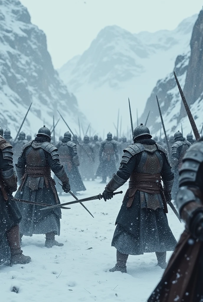 People in worn out black armor fighting in the snow with people in silver armor