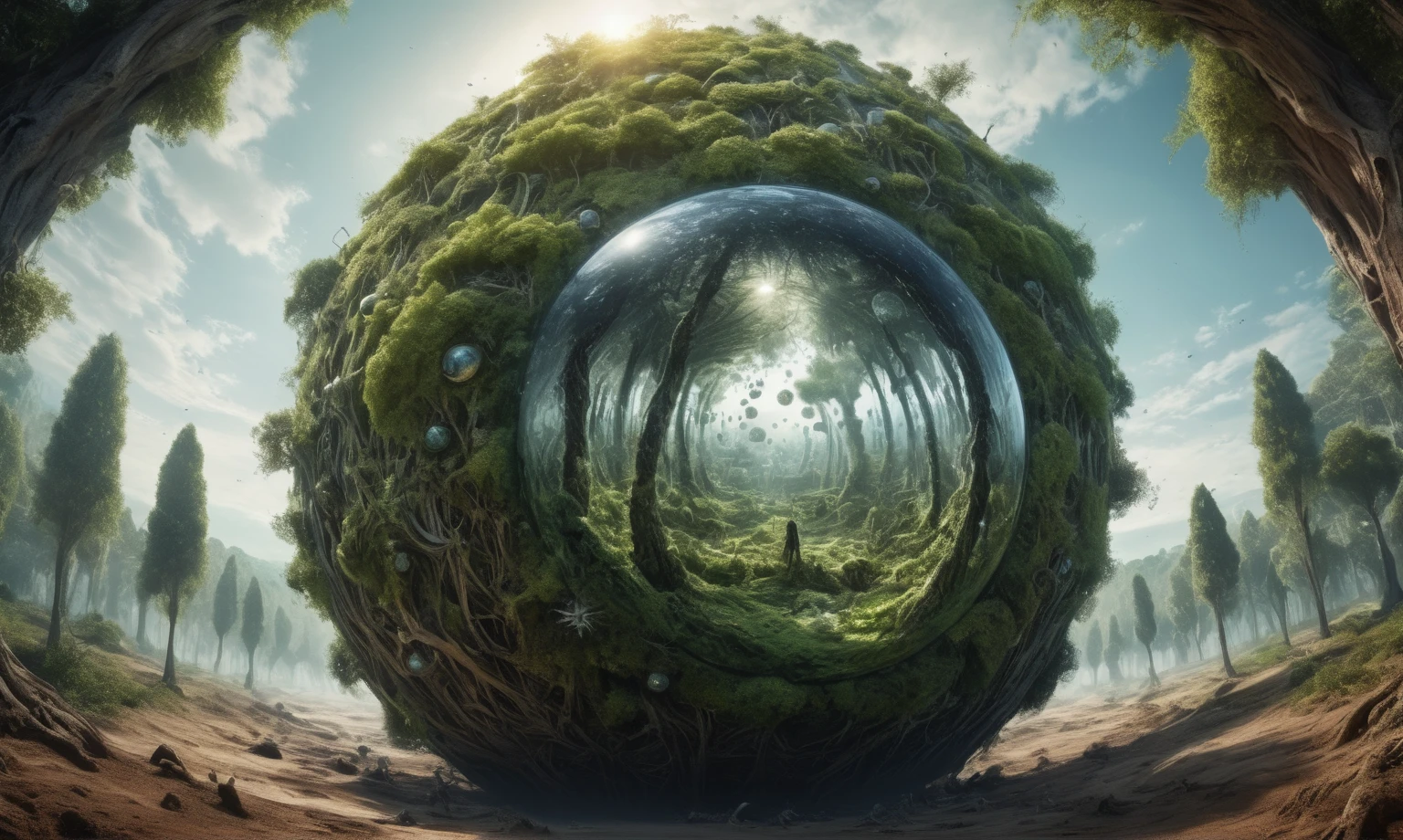 Glass sphere  of a planet with a bunch of trees on it, overgrown planet, green planet, Fractal World, A lush world of fantasy, fantasy planet, Dyson sphere,  planetary landscape, round planet inspired by Jofra Bosschart, planet, Future World, psychedelic  Mysterious World,full body length shot,nerd graphite  Alien Entity,native africa slave ,nowadays azctec central city,Cinematic,soft colors, Technicolor,natural skin textures, hyper realism, hyper detailed,Extremely detailed,High contrast,Masterpiece,Realistic,Ultra Detailed, intricate details,realistic humid leather,extremely intricate details,Epic Realistic, cinematic style, irina yermolova,high contrast,hdr,extremely detailed,  landscape,masterpiece, intricate details, eyes extremely detailed, high detailed eyes,8k resolution,retina, Nikon Z9,Korea,orc,Finland, Pisces, transition between two art styles,full body length, Double contact, X-ray, Creative, vivid light, fantasy, Abstract, Surrealism, super detailed, high resolution,insanity national folk wear,skin  almost translucent, gothic elements, Mestichino,Light particles,chaos,starfish's leather, terror,(fish eyes, calaveras)