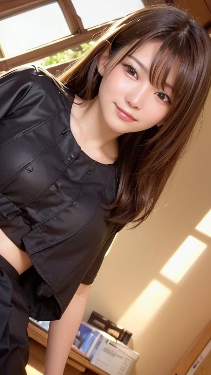 (Highest quality,masterpiece:1.3,Ultra-high resolution),(Very detailed,Caustics,8k),(Realistic:1.4,RAW shooting),1 person,(Smiling and looking down at the camera),(Front shot:1.1),(Look forward),18-year-old,cute,Japanese,Black short ponytail,school uniform,glamorous( close),(breast focus),street,sunlight,Natural light,(Backlight),(A bright light shines from behind),(Lens flare),Professional Writing,(Cowboy Shot),(Low position:1.3),(Low Angle:1.3)