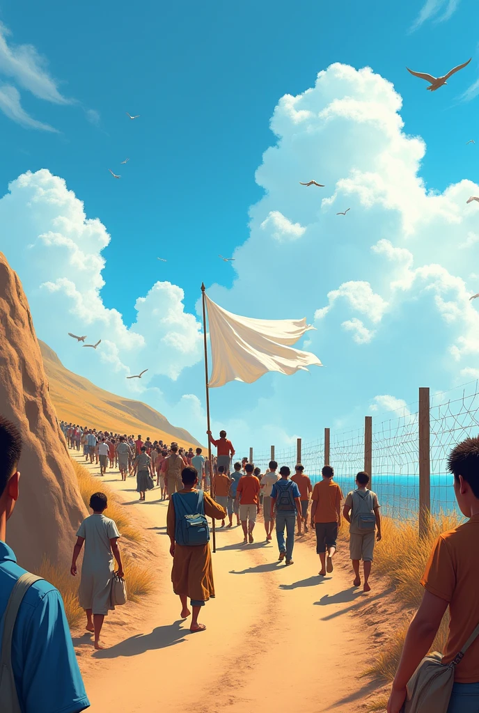 Dozens of people using walking on a dirt road with a wire fence on the left side and on the right side with a blue sky birds in the sky a person in front carrying a white flag