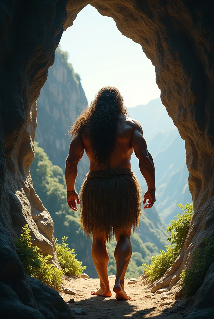 caveman coming out of cave seen from behind