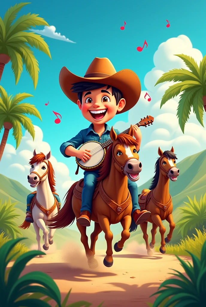 1400×1400 Album cover cartoon happy cowboy playing banjo riding horses in samutprakarn 