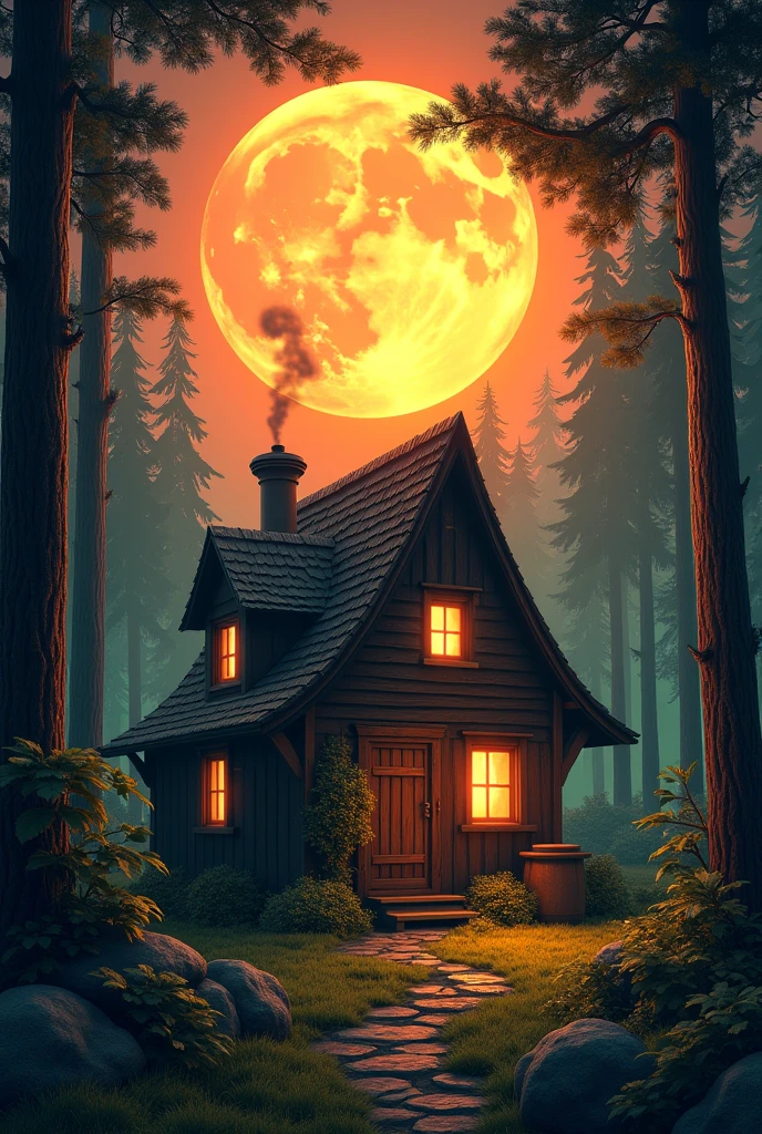 Retro Images,Storytelling,Forest House,Tree frogs live here,Ultra-realistic,high resolution,背景は三角屋根のレトロなForest House,There is a chimney on the left side of the roof.,Smoke is rising from the chimney,Sunset in the background,The big full moon is beautiful,Light leaks through the window,looks fun