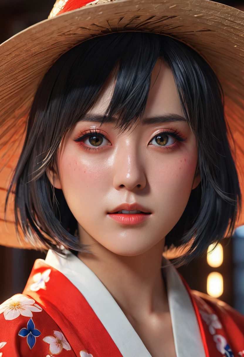 A beautiful masterpiece, 1girl, solo, Matoi Ryuko, extremely detailed face, perfect lighting, short kimono, cowboy shot, (best quality,4k,8k,highres,masterpiece:1.2),ultra-detailed,(realistic,photorealistic,photo-realistic:1.37),HDR,UHD,studio lighting,ultra-fine painting,sharp focus,physically-based rendering,extreme detail description,professional,vivid colors,bokeh,