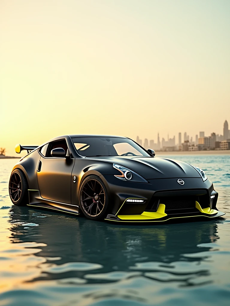 A mesmerizing 4K ultra HD 3D render of a modified 2019 Nissan 370Z, showcasing its sleek matte black finish accentuated by vibrant yellow details and custom rims. The pristine shores of Dubai serve as the perfect backdrop, with the clear blue waters of the Arabian Sea gently lapping at the shore. The warm golden sunlight creates a luxurious and captivating atmosphere, as it reflects off both the polished car and the shimmering waters.