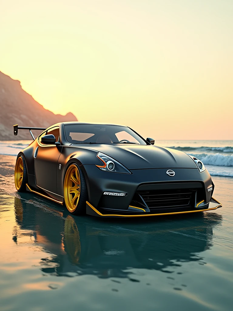 A mesmerizing 4K ultra HD 3D render of a modified 2019 Nissan 370Z, showcasing its sleek matte black finish accentuated by vibrant yellow details and custom rims. The pristine shores of Dubai serve as the perfect backdrop, with the clear blue waters of the Arabian Sea gently lapping at the shore. The warm golden sunlight creates a luxurious and captivating atmosphere, as it reflects off both the polished car and the shimmering waters.