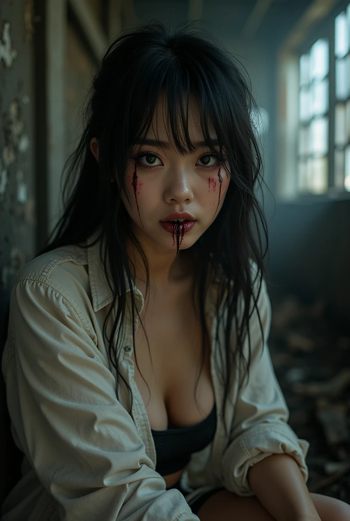 woman 20 years young, Thai, face closeup, dark makeup, dirty white shirt, messy long hair, big breast, holding hair. biting his lower lip, dynamic movement, sitting on the ruins of a building, hard shadows portrait dark, highres, high quality, high resolution, hd, 4k, masterpiece, realistic, cinemaic light, background inside a burnt warehouse, thick black blood flowed from his eyes. His lips curved into a thin smile that seemed full of dark secrets.
