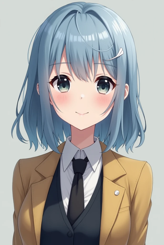 More mature anime style image. A gray background image. Teenage girl with light blue hair and black eyes. He had a friendly smile, but at the same time he seemed to hide something in his eyes. He wore a formal blouse and a neat black tie, a vest over a dark yellow blazer which he kept closed.