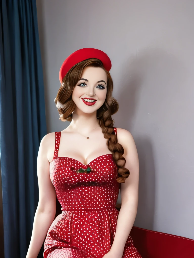 woman in polka dot dress and hat holding red purse, a portrait by Aneurin Jones, flickr, kitsch movement, pinup style, rockabilly style, dressed like in the 1940s, vintage dress, sixties pinup, 50s style, 5 0 s style, ww2 era, in a dress, retro pinup model, pinup pose