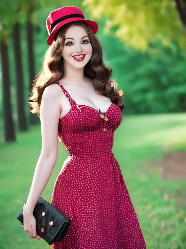 woman in polka dot dress and hat holding red purse, a portrait by Aneurin Jones, flickr, kitsch movement, pinup style, rockabilly style, dressed like in the 1940s, vintage dress, sixties pinup, 50s style, 5 0 s style, ww2 era, in a dress, retro pinup model, pinup pose