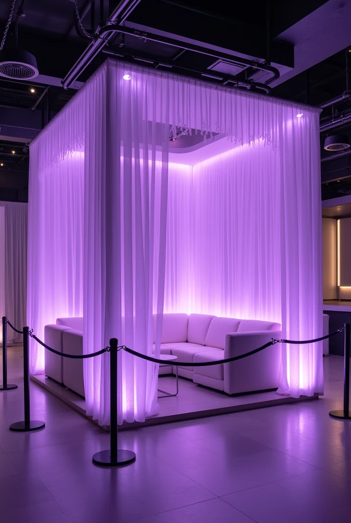an interior environment with predominantly purple lighting. At the center, there is a square structure with translucent curtains also in shades of purple. Dentro dessa estrutura, there are white sofas arranged around a small table, creating an intimate and reserved space. Around the area enclosed by the curtains, there are black rope barriers, suggesting that the space is exclusive or VIP. The environment is modern and elegant, with a sophisticated atmosphere created by the combination of soft lighting and minimalist furniture design.