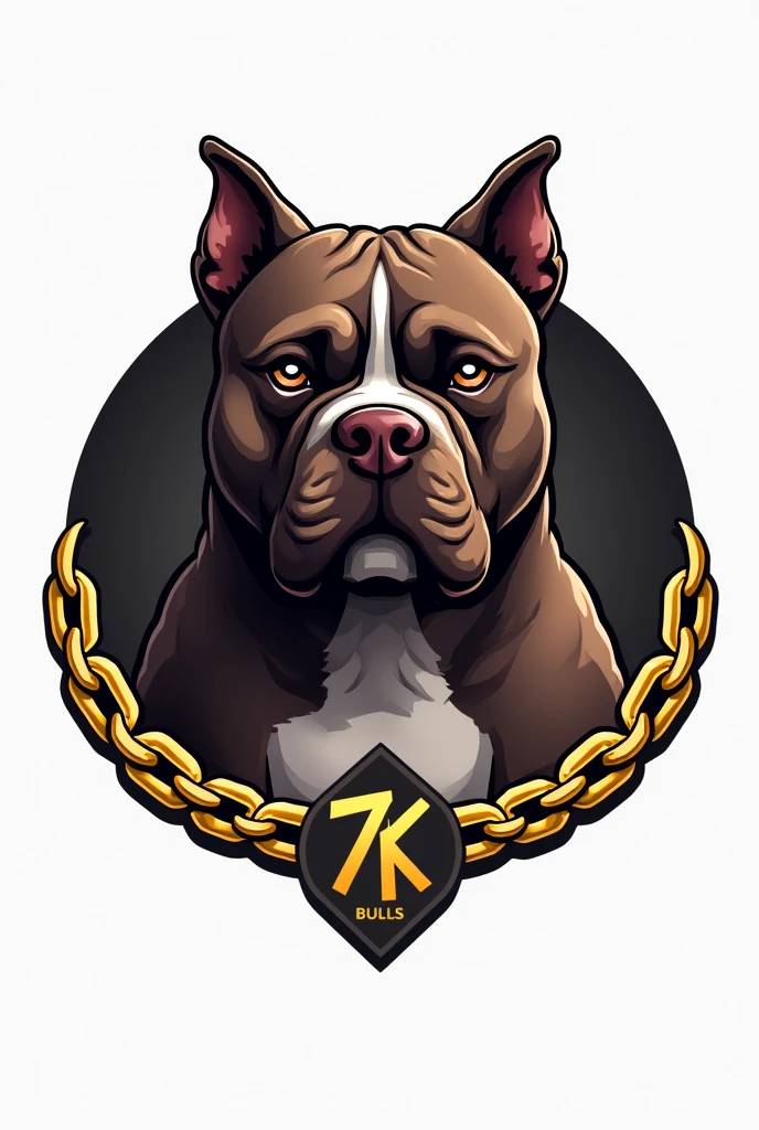 Generate a logo for a dog kennel, Eye-catching logo and gold chains, chocolate colored dogs, Exotic American Bully Breed, short snout, marked forehead, muscular, extra muscular, cropped ears like a pitbull, , The name that will be on the logo is 7K Bulls,  micro size, that has more or less the body of an English bulldog 