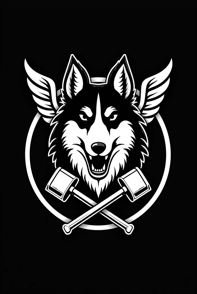 I need a coat of arms for a motorcycle club in black and white with a white border colie dog with only the right ear black(but not up to the eye) and angry in the middle but only his bust, with small wings coming out from behind him on the sides, and two crossed pistons coming out of the bottom of the dog's head