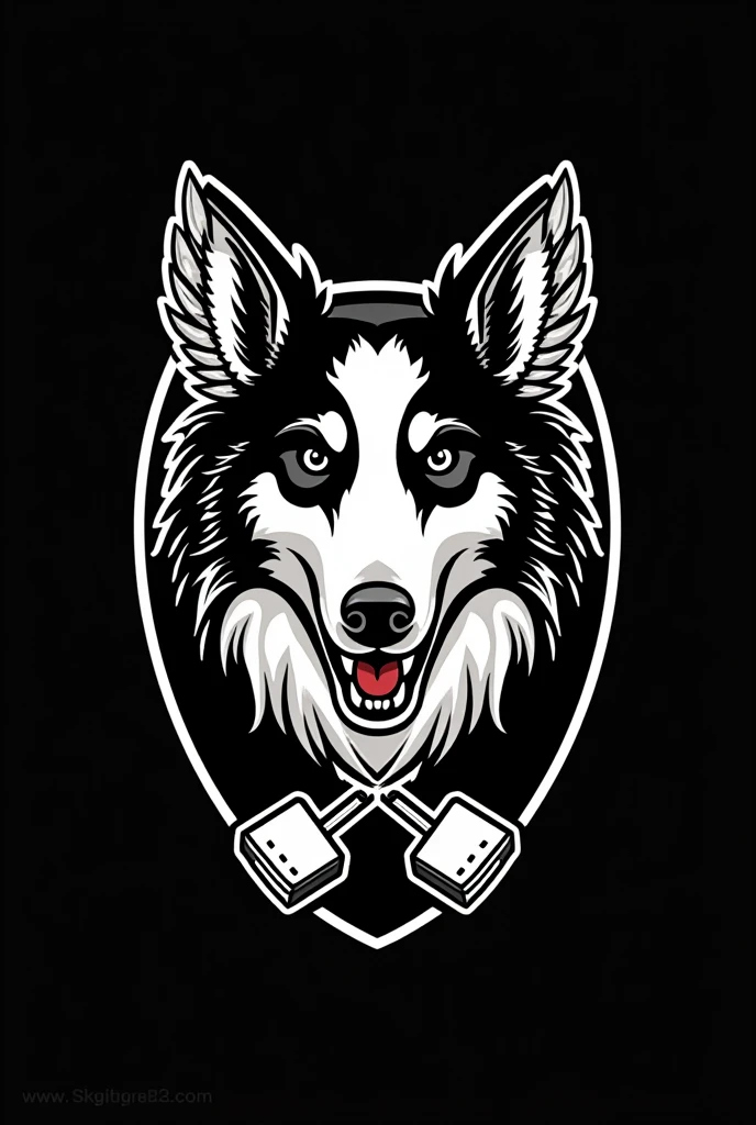 I need a coat of arms for a motorcycle club in black and white with a white border colie dog with only the right ear black(but not up to the eye) and angry in the middle but only his bust, with small wings coming out from behind him on the sides, and two crossed pistons coming out of the bottom of the dog&#39;s head