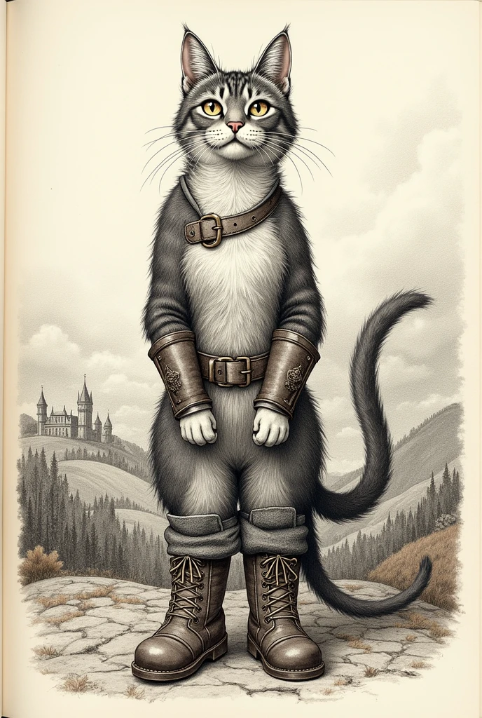 Cat is standing and wearing boots, medieval drawing