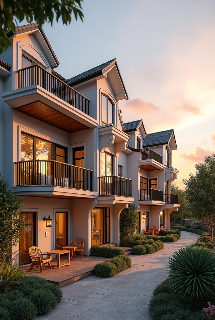 Create a simple double storey terrace structured housing by units with nice sunset view