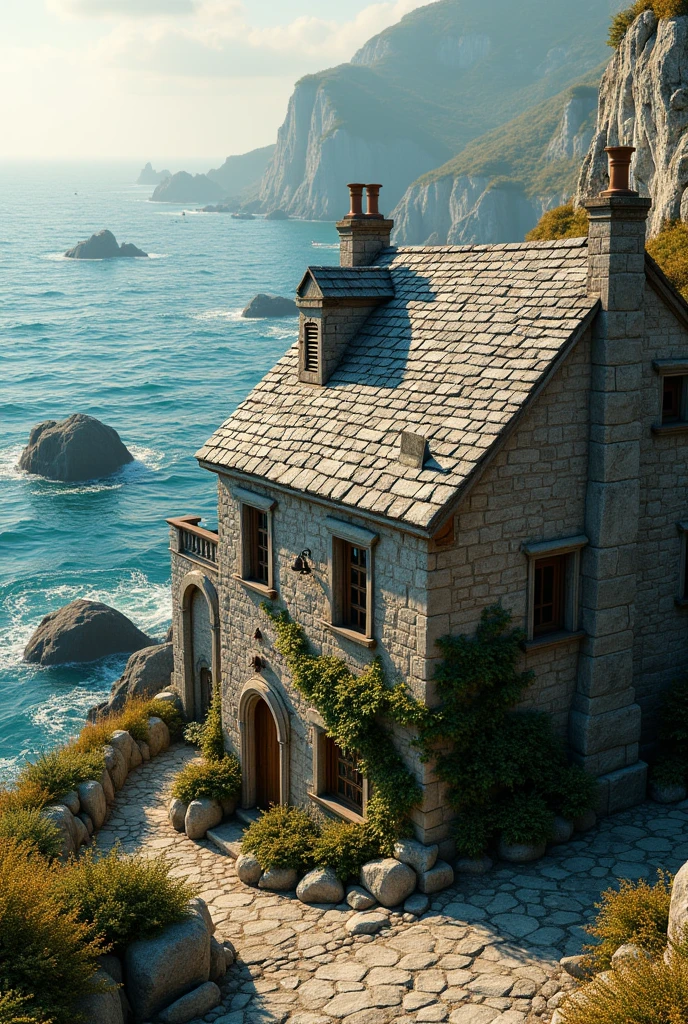 A provincial stone house by the sea in a very realistic style.