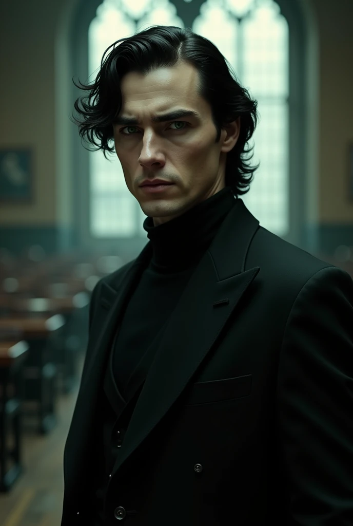 Man, wavy black hair, white complexion, cold and captivating gaze, green eyes, hard and attractive features, inside the position classroom at Hogwarts. Dressed in an elegant black suit, he exudes an air of power and mystery.