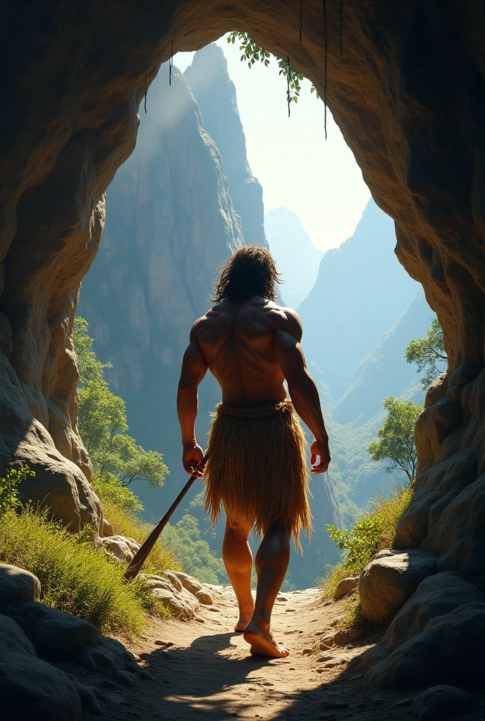 caveman coming out of cave seen from behind