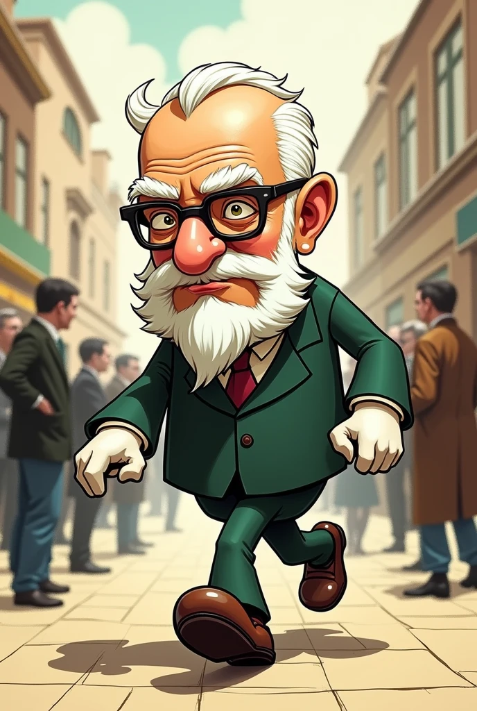 man old, large rectangular head, short wavy white hair and bald spot on top of head, wearing square glasses with rounded corners, in motion walking with arms and legs bent, 1930s style rubber hose, rubbery arms, white gloves rounded fingers, big shoe, smiling, round cheeks, long beard, blunt mustache, drawn with black outline like cuphead. SOCIAL CLOTHES, small and slightly pointy nose. a little bit quietly, eyes deeper and more open.