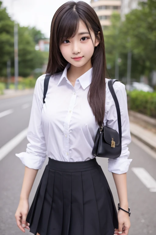 Thin waist high school girl wearing a skirt