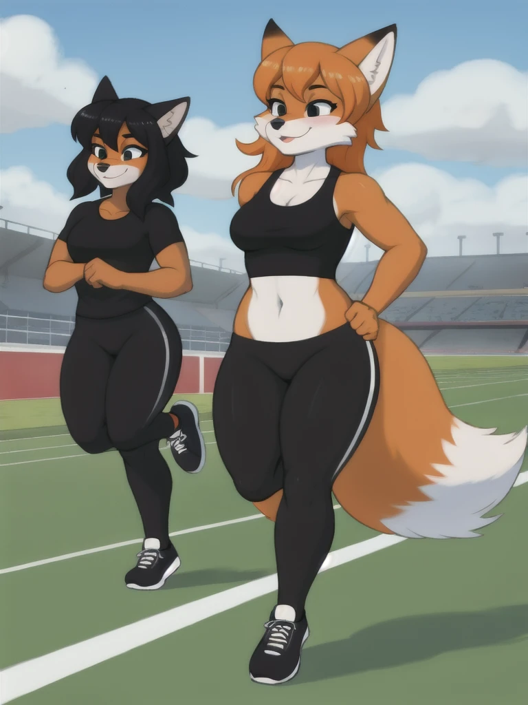 Furry, fox, female, black shirt, black leggings, shoes, running track, friends, full body
