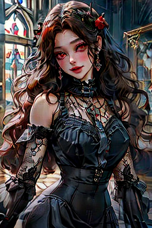 Perfect face. Perfect hands. A brown haired woman with red eyes with an hourglass figure in a frilly Gothic dress is smiling while posing in front of a stained glass window with a red rose in a Gothic castle