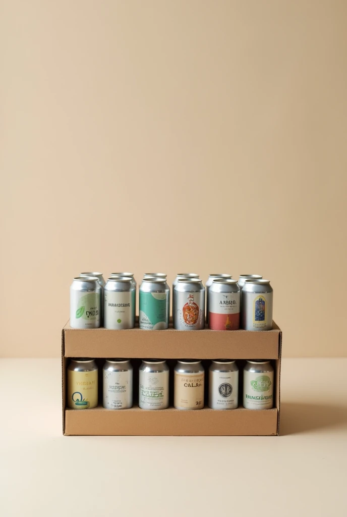 A cardboard tray with 12 small cans stacked on 2 levels
