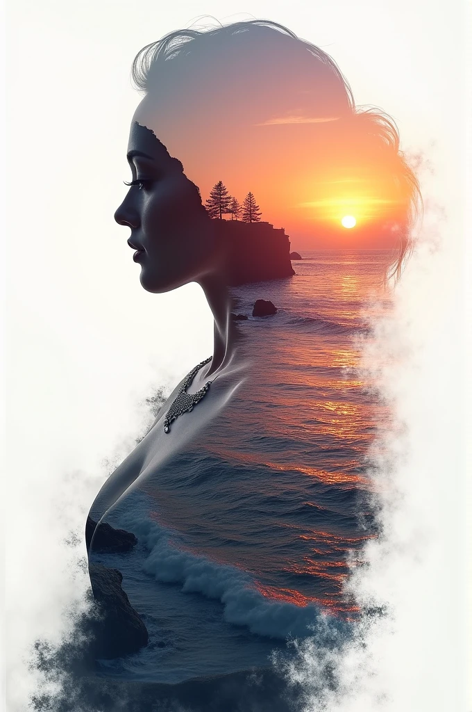 high quality, 8K Ultra HD, A beautiful double exposure that combines an goddess silhouette with sunset coast, sunset coast should serve as the underlying backdrop, with its details incorporated into the goddess , crisp lines, The background is monochrome, sharp focus, double exposure, by yukisakura, awesome full color,