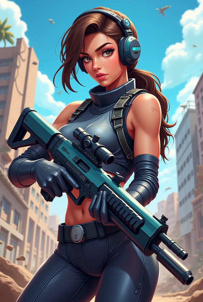 A female character from a battle royale game with a gun in her hand. Cartoon graphic
