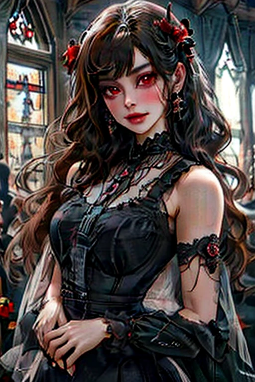 Perfect face. Perfect hands. A brown haired woman with red eyes with an hourglass figure in a frilly Gothic dress is smiling while posing in front of a stained glass window with a red rose in a Gothic castle