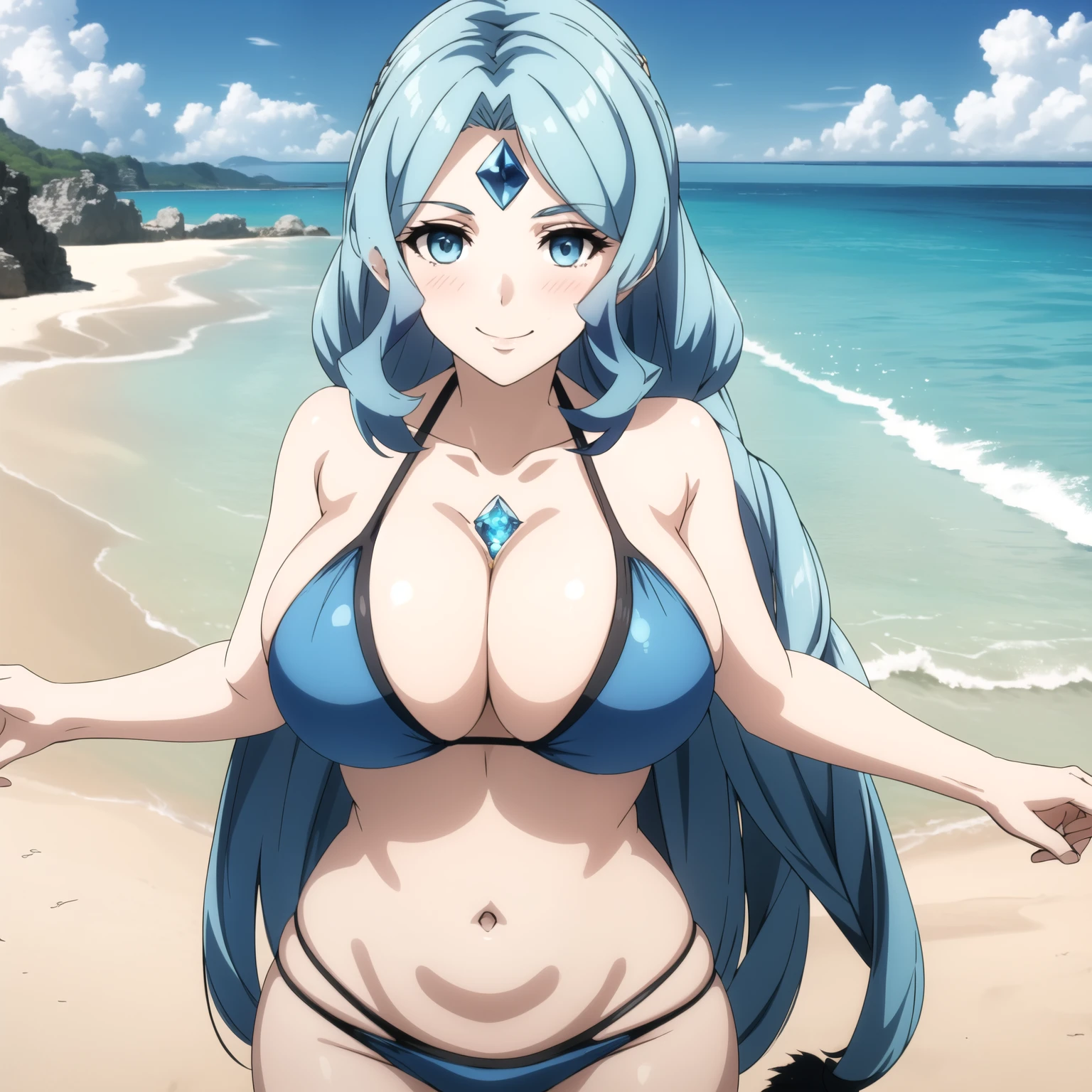 Teresa Alexandrite, 25 year old woman , by the celestial, blue eyes, a jewel on his forehead, big breasts, smile, blush, sky blue bikini with tiger design, background a sunny beach.